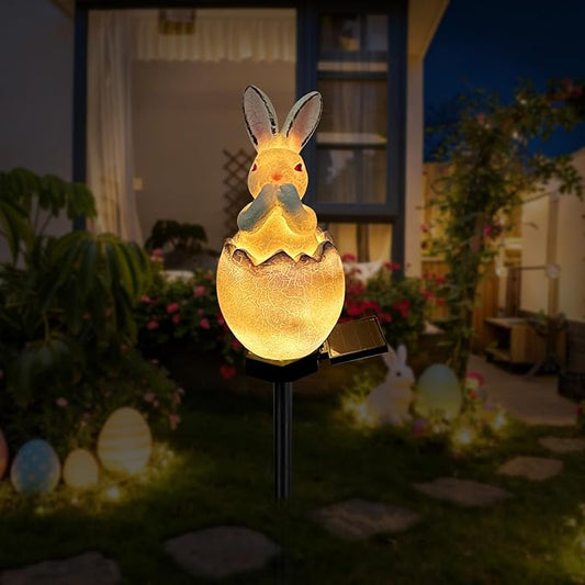 Solar Easter Egg Bunny Lights Outdoor, Waterproof Easter Solar Lights Rabbit Bunny Garden Statue Easters Yard Egg Decorations Outdoor for Outside Cemetery Grave (Blue Don't Speak)