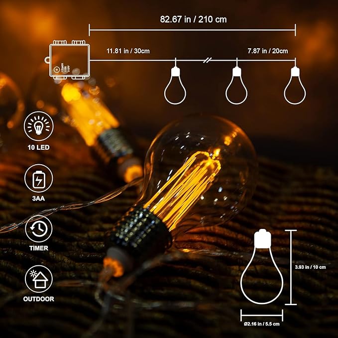 Battery Operated Edison Lights Outdoor String with Timer, 6.56 Ft String of 10 A19 Edison Bulbs, Short Battery Powered Waterproof Plastic String Lights for Hanging Patio Garden (White Cord)