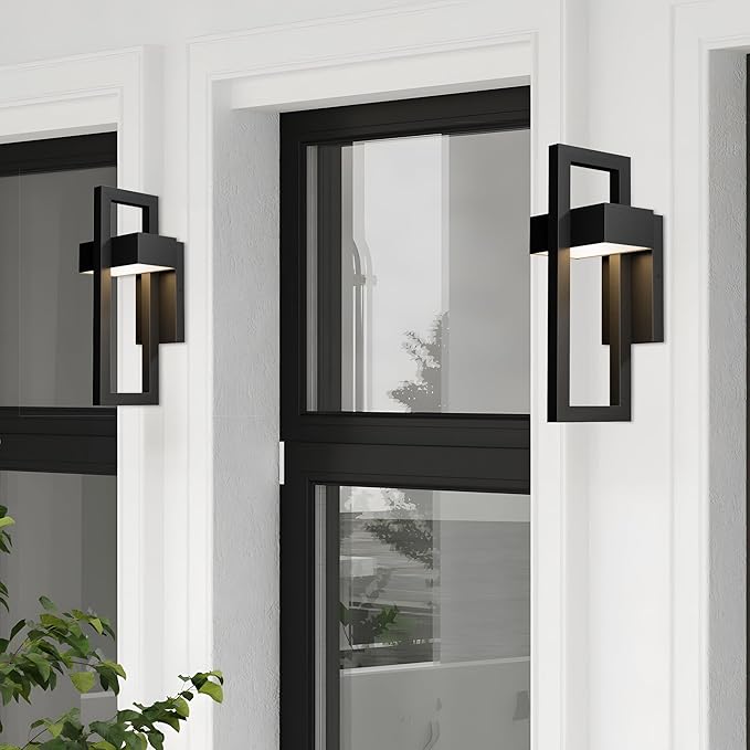 LamQee 2 Packs Modern Outdoor Wall Lights 3000K Integrated LED Outdoor Wall Sconces Lighting, Contemporary Exterior Lighting Fixtures Outside Wall Mount Lights for House Porch Door Garage, Matte Black