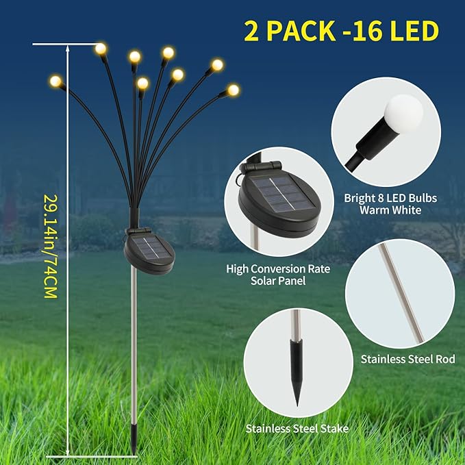 Solar Lights Outdoor Waterproof 2 Pack of 16 LEDs Garden Patio Firefly Decoration Unique Gifts Women Grandparents
