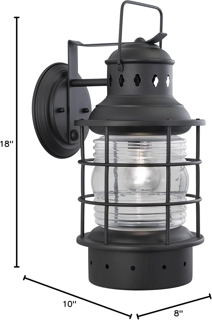 VAXCEL Hyannis 18 in. H 1-Light Textured Black Coastal Outdoor Wall Sconce Made of Durable Steel, Clear Ribbed Glass Shade, LED Compatible, Use for Exterior Porch Patio Front Door or Garage