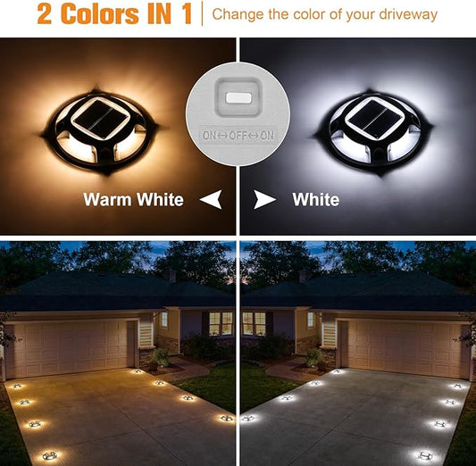 VOLISUN Solar Driveway Lights Dock Marine Lights 4 Pack,2 Colors in 1,Outdoor LED Deck Light,Solar Powered Waterproof Warning Step Light for Driveway Sidewalk Pathway (White/Warm White)