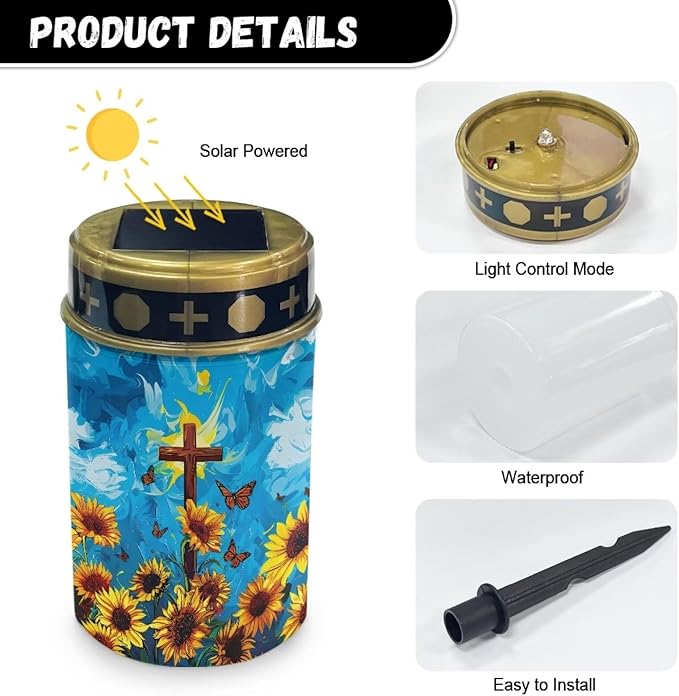 Sunflower Cross Solar Powered Garden Lights Outdoor Waterproof Solar Garden Lights Landscape Path Lights Led Candles Christianity Memorial Grave Light