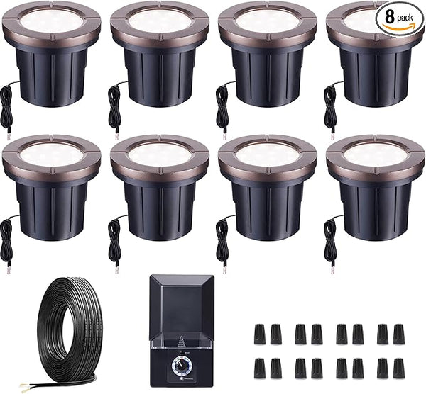 Landscape Well Light Kit, 8 Pack LED Low Voltage In Ground Lights and 100W Transformer and 100FT Cable and 30 Wire | Lumora