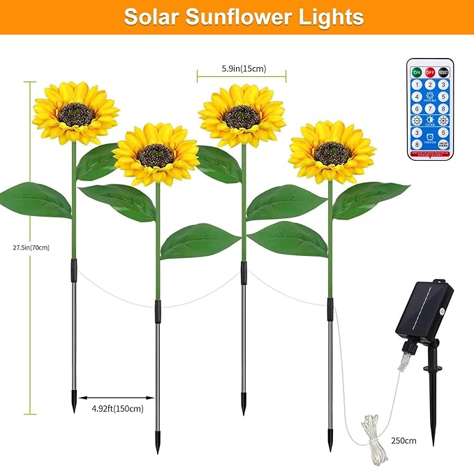 Solar Garden Lights Outdoor& Indoor-4 Pack Sunflower Lights with Remote, 8 Modes Home Garden Decor,Sunflowers Gifts for Mom Women Grandma Birthday, Patio Yard Pathway Wedding