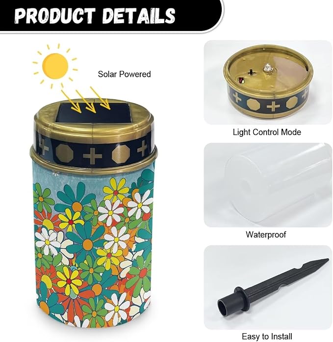 Hippie Floral Print Solar Lights Outdoor Garden Decorative Solar Garden Lights Waterproof Solar Pathway Landscape Lights for Path Patio Backyard Walkway Yard Garden Decor