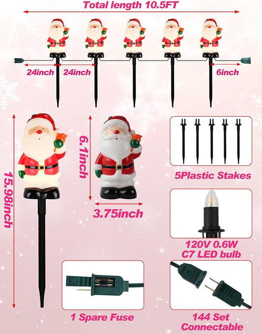 Set of 5 Classic Santa Claus Pathway Lights - 10.5ft UL-Listed Christmas Walkway Lights with C7 Bulbs for a Nostalgic Holiday Yard Display