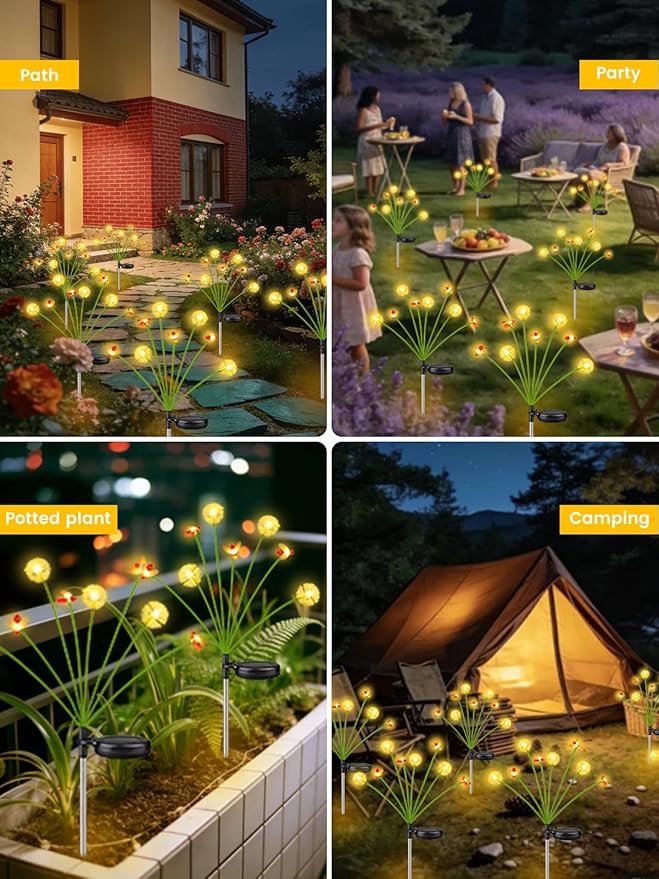 Solar Garden Lights Outdoor, 6 Pack 48 LED, Solar Swaying Dandelion Bee Lights Waterproof, Swaying Firefly Lights for Yard Pathway Lawn Patio Decorations, 2 modes (Steady on, Slow Twinkle), Warm White
