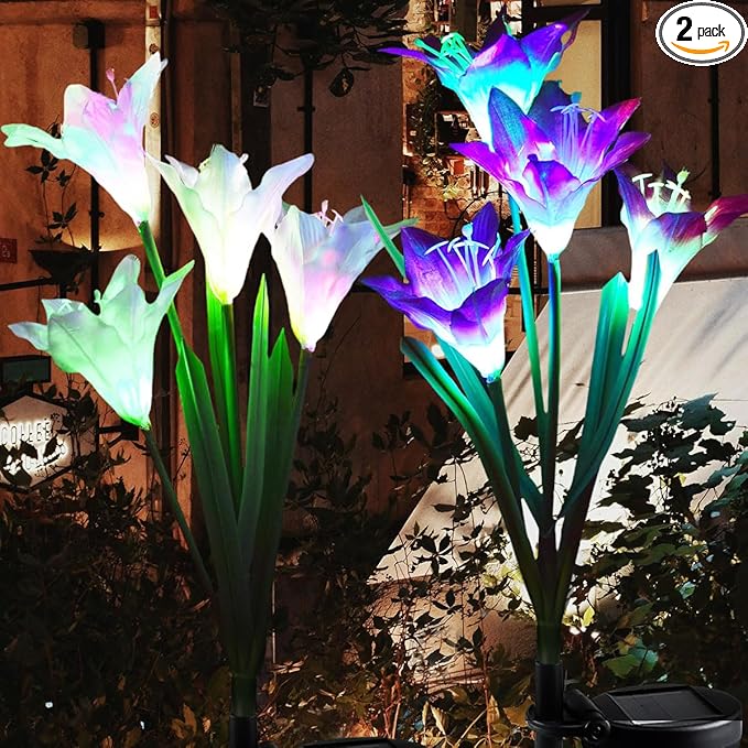2 Pack Outdoor Solar Lights, Solar Garden Lights with 8 Lily Flowers, Color Changing LED Decorative Landscape Light for Patio, Yard, White and Purple