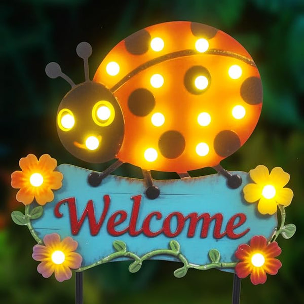 Garden Stakes Decorative 43.3inch with Large Metal Welcome Sign, Solar Pathway Lights Outdoor Waterproof with 18 | Lumora