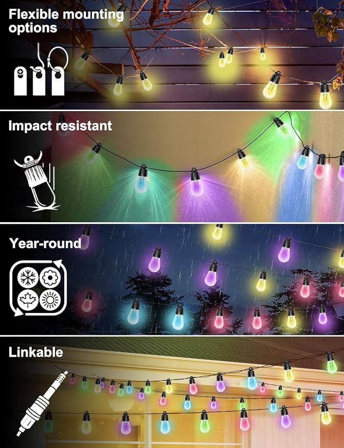 100ft String Lights for Outside, Smart RGB IC Warm White Patio Lights Outdoor Waterproof with Remote & App Control | Lumora