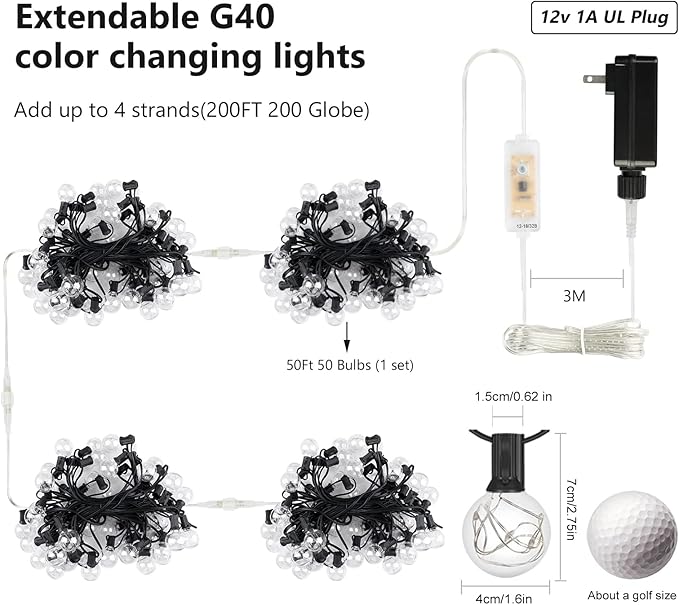 Color Changing Christmas Lights Outdoor String Lights 50ft 50 G40 Bulbs Waterproof Connectable up to 200ft w/ 2 Remotes Timer for Patio Bistro House Garden Party Gazebo Xmas Indoor Outside Decor