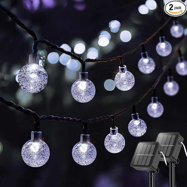 Metaku 2 Pack Solar String Lights for Outside, Total 72FT 120 LED Crystal Globe String Lights, Solar Powered | Lumora