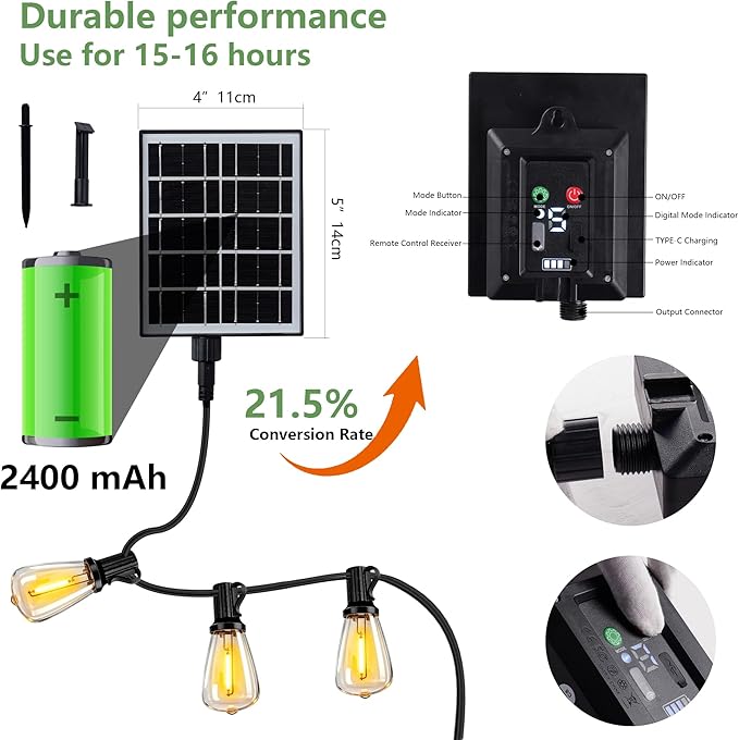 100FT Solar String Lights, Waterproof Solar Powered Patio Lights, 3 Light Modes with Remote & USB Port, 30 LED | Lumora