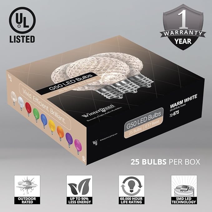 OptiCore Heavy Duty Patio Lights LED Lights Patio Lights String LED, Commercial LED Globe Lights (25 Lights, 25’, E17, Warm White G50 Bulbs on White Wire)