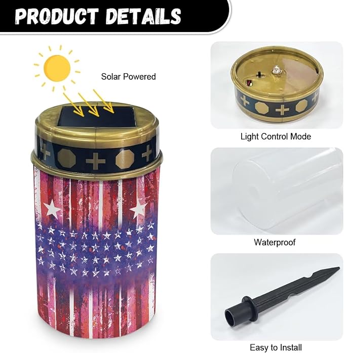 Garden Solar Light, American Flag Printed Grave Solar Lights for Cemetery, Waterproof, Solar Powered, Easy to Install, Decorate Lawn, Patio, Fence, Backyard