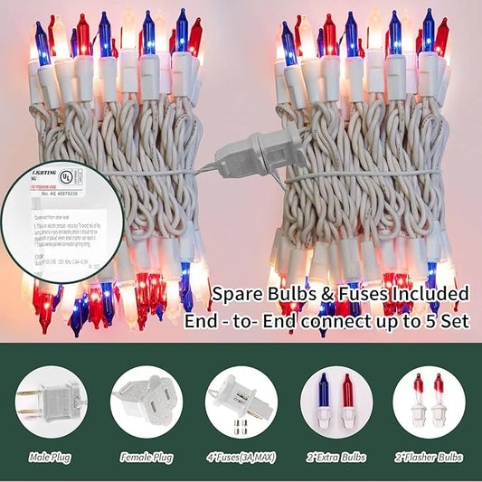 LAMPHOME Patriotic String Lights - Red White Blue Mini Lights with White Wire - 31.9Ft 300 Count UL Certified String Lights for Independence Day Patriotic Holidays Decoration (Red, White & Blue)