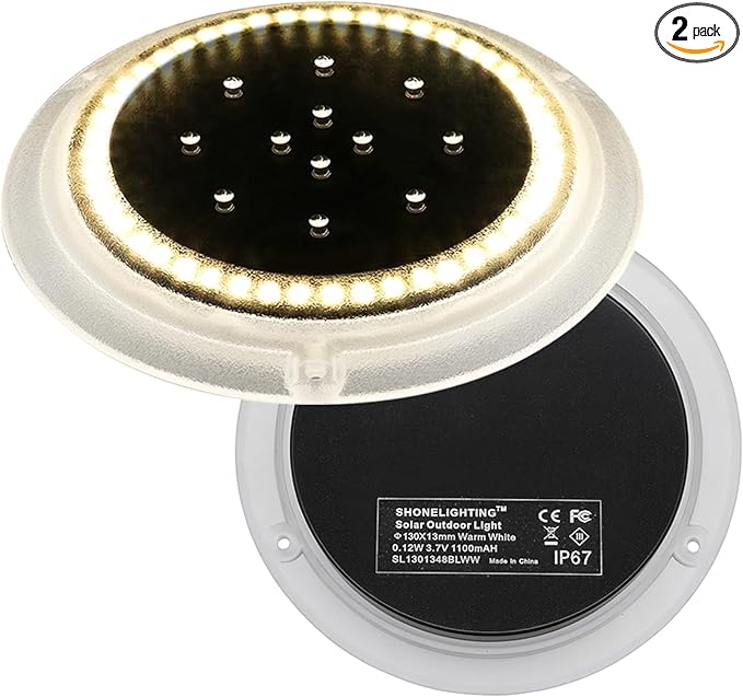 Solar Dock Lights, Upgraded 48 LEDs Super Bright Disc Driveway Light, Outdoor Waterproof Flat Low Profile, Anti-Trip & Anti-Slip for Marine, Ground, Pool, Pier, Deck (Warm White, 2Pack)