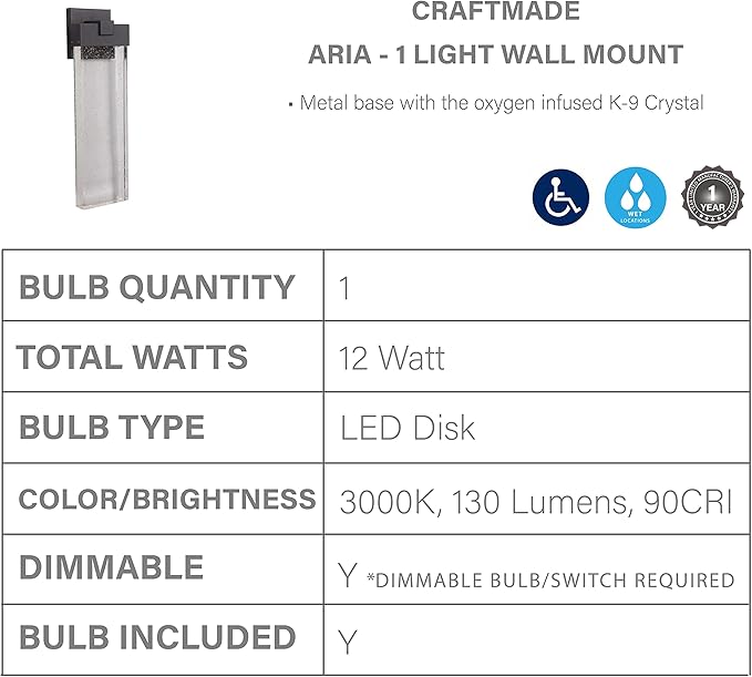 Craftmade Z1624-SA-LED Aria Crystal Outdoor LED Wall Sconce, Satin Aluminum 1-Light (7"W x 23"H) 12 Watts