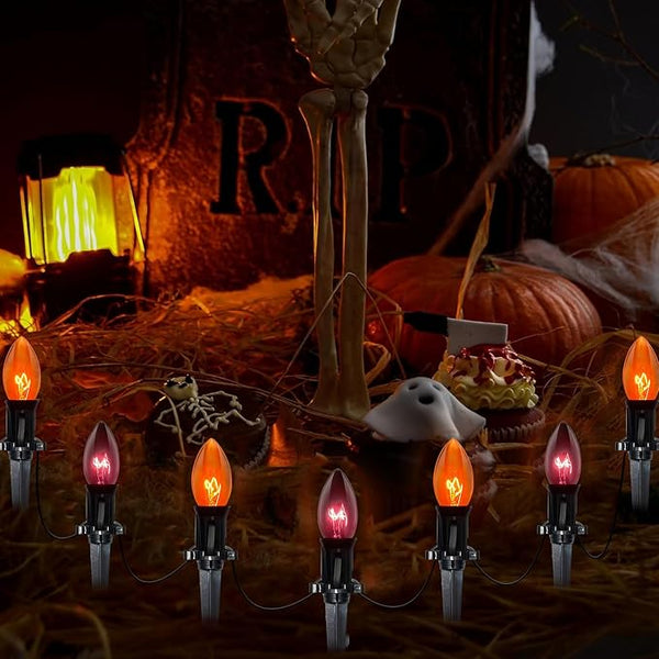 Halloween Pathway Lights Outdoor,19.5Ft C9 Halloween Stake Lights with 10 Clear Orange Black C9 Bulbs, Connectable | Lumora