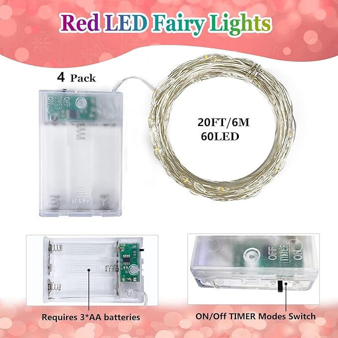 4 Pack Red and Green Christmas String Lights, Each 20FT 60 LED Fairy Lights Battery Operated with Timer, Waterproof | Lumora