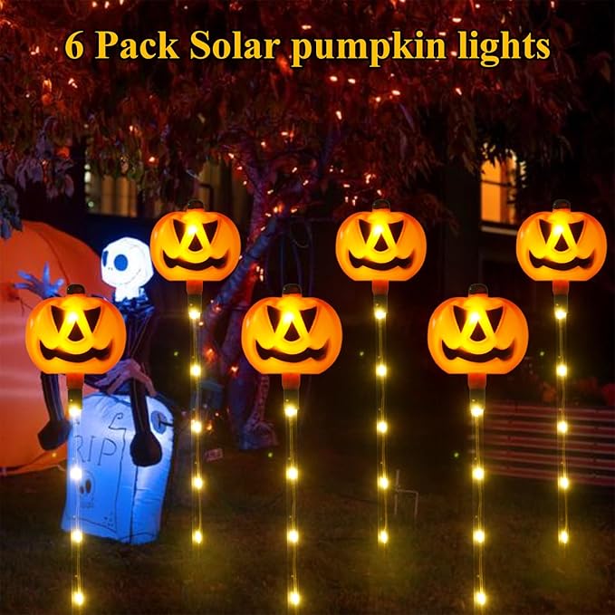 6 Pack Solar Pumpkin Garden Pathway Stake Lights Outdoor Halloween Decorations,8 Modes Solar Pumpkin Lights for Outside Waterproof Lighted Scary Jack o Lantern for Patio Yard Lawn Grave Decor