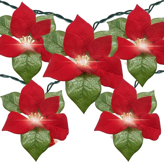 Christmas Red Flower String Lights Plug in, 8.5Ft Red Christmas Decorations Lights Outdoor with 10 LED Flowers Lights, Hanging Flowers Fariy String Lights for Holiday Party Window Home Birthday Decor