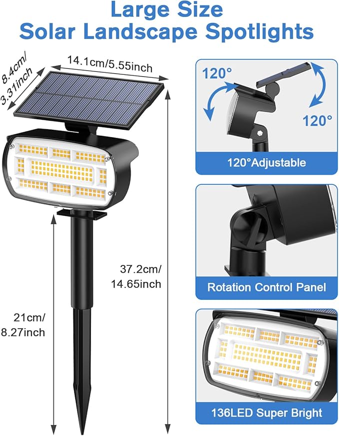 Fabrito Large Solar Spot Lights Outdoor 4 Pack, 1000 Lumens High Brightness, IP65 Waterproof Solar Spotlight with | Lumora