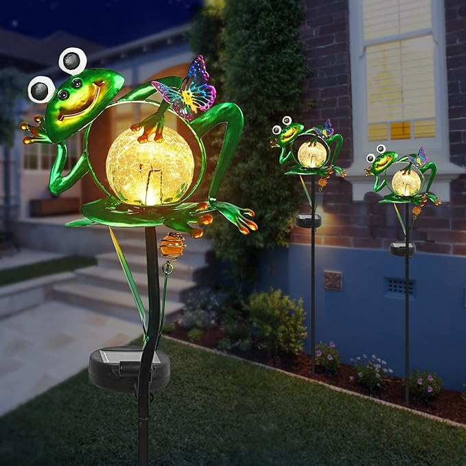 Frog Garden Solar Lights Outdoor Decorative, 2 Pack Metal Frog Garden Decor for Outside Waterproof Solar Stake Lights for Lawn Ornaments Patio Yard Decorations, Gardening Gifts for Mom Women
