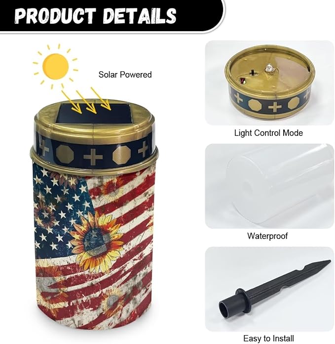 Cemetery Solar Lights for Grave, American Flag Sunflower Pattern Outdoor Solar for Independence Day Decor, Outdoor Garden Lights Waterproof Path Lights for Garden Night Light Outside Decor