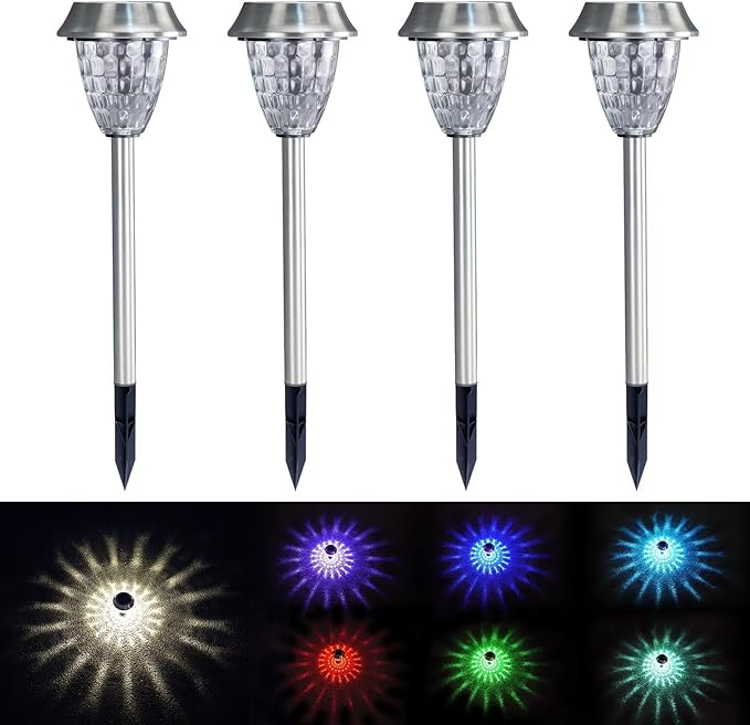 Solar Pathway Lights Outdoor 4 Pack, Glass & Metal Solar Lights with 10 Lumens Brightness, IP65 Waterproof, Warm White & RGB Modes, Decorative Solar Garden Lights for Yard, Walkway, Driveway