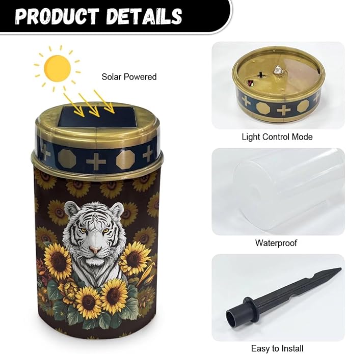 Tiger Sunflower Solar Cemetery Grave Decorations, Waterproof Memorial Cemetery Decorations Lights for Birthday Mother Day Fathery Day Memorial Day Christmas