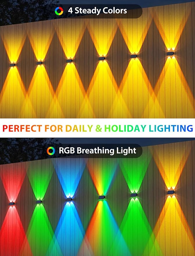 Solar Fence Lights,6 Pack Solar Lights Outdoor Warm White+RGB Up & Down Waterproof 100 Lumens Dusk to Dawn for | Lumora
