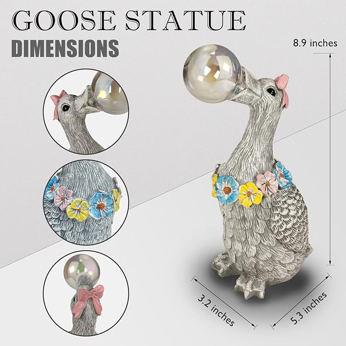 Porch Goose Statue with Solar Bubble Light Garden Gray Figurine Decor for Yard Lawn Patio Outdoor Decorations Housewarming Gifts for Mom Grandma Women