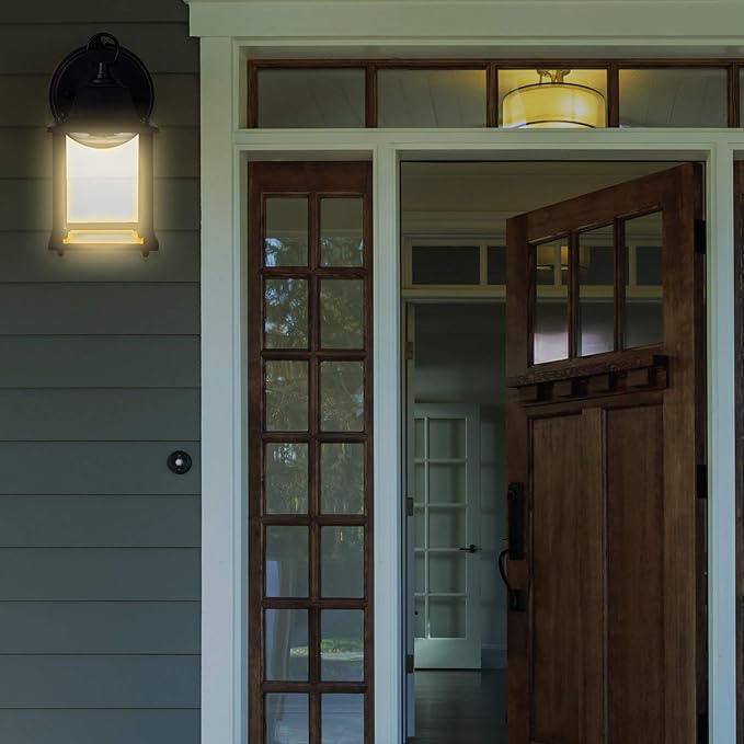 Maxxima LED Porch Lantern Outdoor Wall Light - Features Clear Glass, 3000K Warm White, 650 Lumens, Dusk to Dawn Photocell Light Sensor, Patio or Porch Sconce Fixture for Exterior Lighting - Black