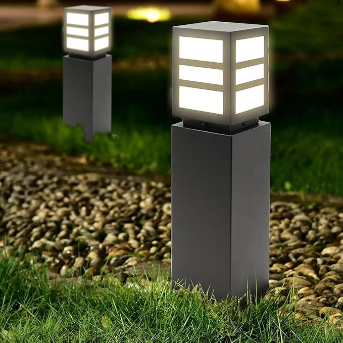 2Pack Landscape Path Lights 24" IP65 Waterproof Bollard Lights, Heavy Duty Steel Stable Widened Base E27 Lamp Holder, Modern Outdoor Path Lights Bollard for Lawn, Patio, Courtyard, Driveway, Oblong