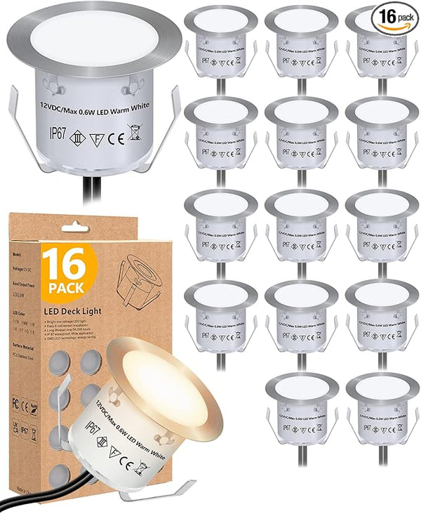 HIBOITEC Recessed LED Deck Light Kits(16Pack), 12V Low Voltage Landscape Lighting IP67 Waterproof Outdoor Step | Lumora