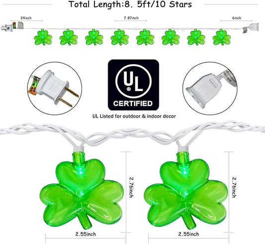 LED Shamrock String Lights Outdoor, 8.5Ft St. Patrick's Day Decorations Lights with 10 Green Clover Light, Plug in Shamrock Fairy Light for Indoor Outdoor St. Patrick's Day Party Irish Window Garden
