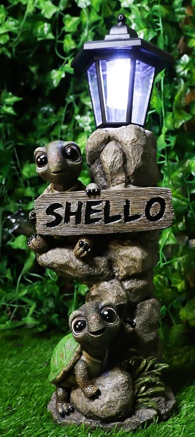 Ebros Gift Whimsical 2 Baby Tortoise Turtles Holding Shello Greeting Sign On Rock Outpost Solar LED Courtesy Path Light Garden Statue Home Decorative Patio Figurine