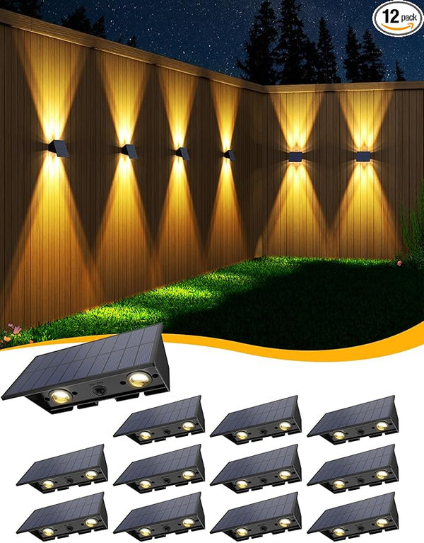 Solar Fence Lights,12Pack Solar Lights Outdoor Warm White Up & Down Wall Lights Waterproof 100 Lumens Dusk to Dawn | Lumora