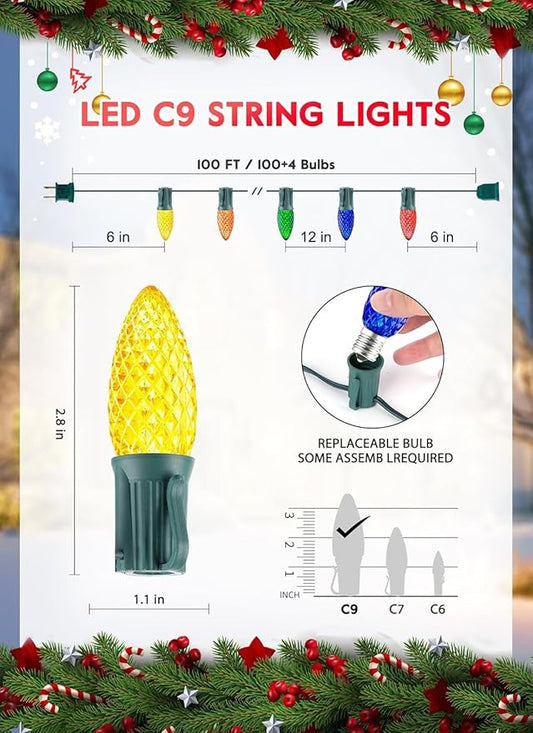 Minetom C9 Christmas String Lights, 100 Ft Multicolor C9 Outdoor Christmas Lights with 100 Strawberry Led Bulbs, Connectable UL Certified for Outdoor Indoor Roofline Holiday Backyard Xmas Decor