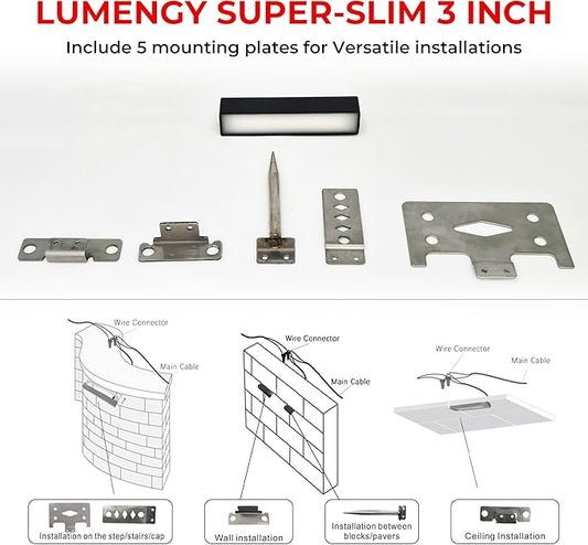 LUMENGY 3 inch 1w Super Slim LED Ambiance Hardscape Lights, 2700K Daylight, 5 Mounting Plates for Outdoor BBQ, Posts, Steps, Planters, Pavers & Walls, No Screws, Easy Installation Design V2 (6-Pack)