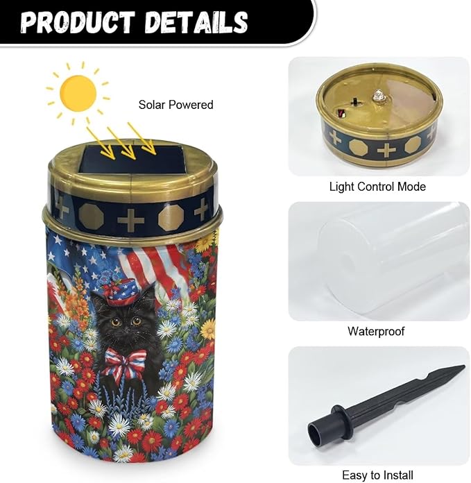 USA Flag Black Cat Solar Lights Outdoor Garden, Waterproof Solar Powered Stake Lights, Christmas Birthday Gifts for Grave Dad Grandma Garden Yard Gravesite Decorations