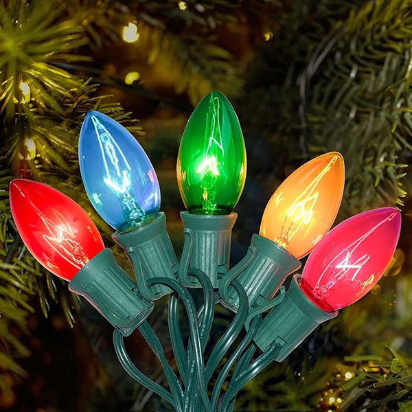 C9 Multicolor Christmas Lights Outdoor, 25Ft Vintage Christmas String Lights with 26 Clear Glass Multicolored | Lumora