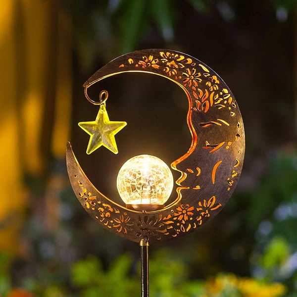 Solar Lights Outdoor Decor Moon Lantern for Patio,Lawn or Pathway Moon Decorations Crackle Glass Globe Stake Metal | Lumora