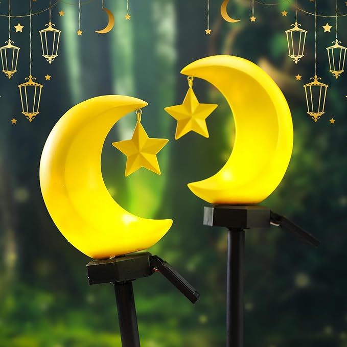 2 Pack Solar Eid Mubarak Lights Decorations Outdoor Ramadan Lights Moon Star Stakes Solar Light Eid Mubarak Decorations Ramadan Lantern Waterproof for Pathway Garden Patio Lawn Yard Walkway Decor