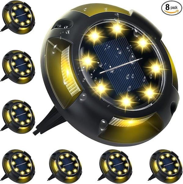 Solar Ground Lights, 8 Pack 12 LED Solar Disk Lights Outdoor Waterproof In-Ground Landscape Lighting for Garden | Lumora