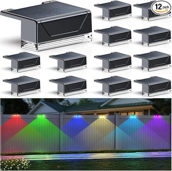 12PK Solar Fence Lights Outdoor Waterproof LED - Warm White & RGB 6 Color, Dusk to Dawn Deck Light, IP65 Waterproof | Lumora