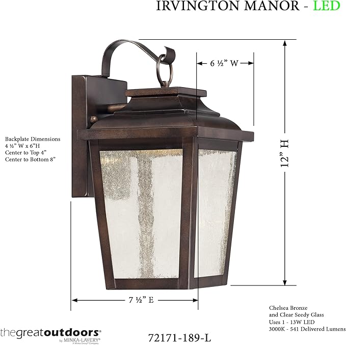 THE GREAT OUTDOORS Irvington Manor 1 Light LED Wall Mount in Chelsea Bronze with Clear Seeded Glass