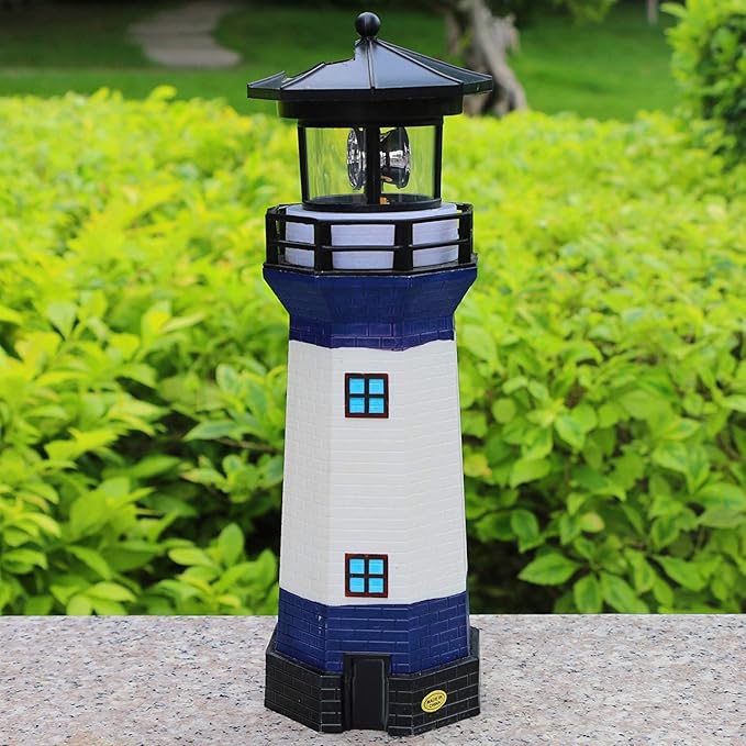 Solar Garden Lighthouse, White and Blue Lighthouse statutte with Rotating Lamp Outdoor Decorative LED Lights for Garden Patio Lawn